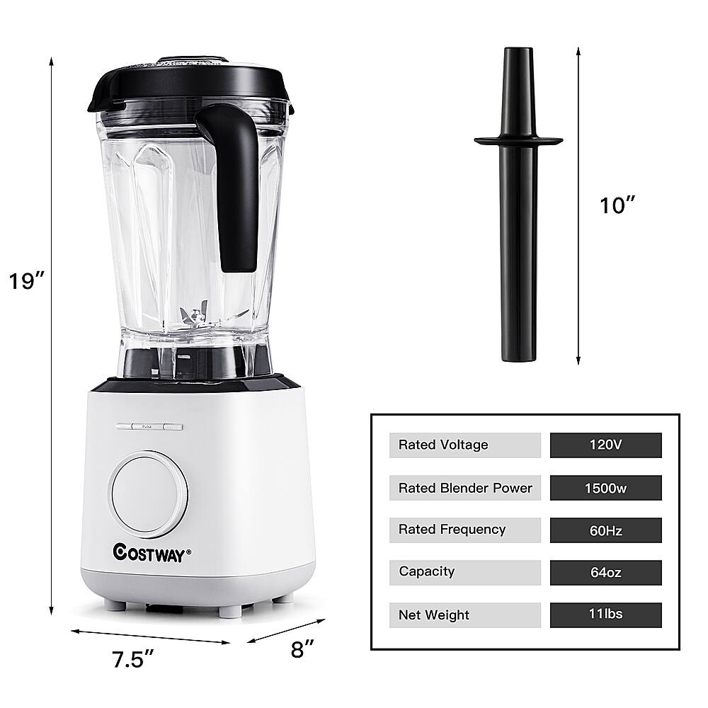The image shows a blender with a black handle and a black lid, sitting on a table. The blender is white and has a black base. The blender is 10 inches tall and 19 inches long. It has a rated voltage of 120V and a rated blender power of 1500W. The blender is rated for a frequency of 60Hz and has a capacity of 64oz. The net weight of the blender is 11lbs.