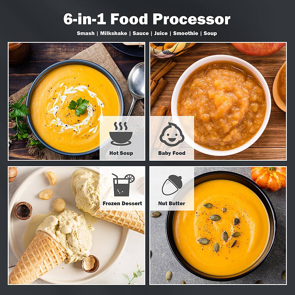 6-in-1 Food Processor: Smash Milkshake Sauce Juice Smoothie Soup Hot Soup Baby Food Frozen Dessert Nut Butter