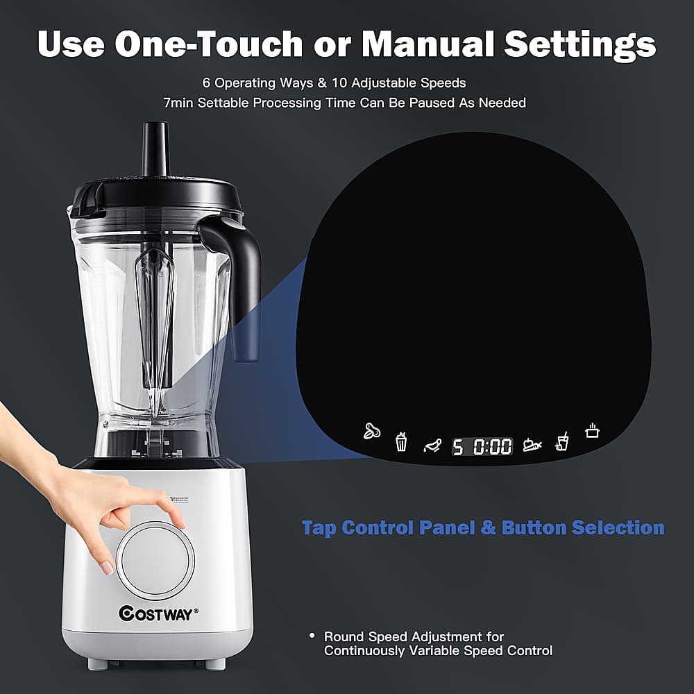 Use One-Touch or Manual Settings: 6 Operating Ways & 10 Adjustable Speeds, 7min Settable Processing Time Can Be Paused As Needed. Tap Control Panel & Button Selection. COSTWAY Round Speed Adjustment for Continuously Variable Speed Control.