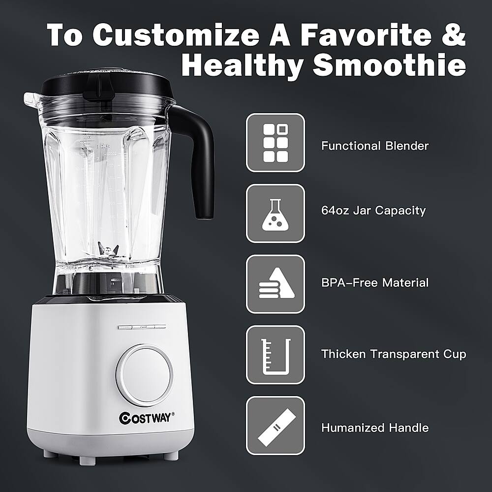 To customize a favorite & healthy smoothie, the functional blender has a 64oz jar capacity, is made of BPA-free material, and features a thicken transparent cup and a humanized handle.