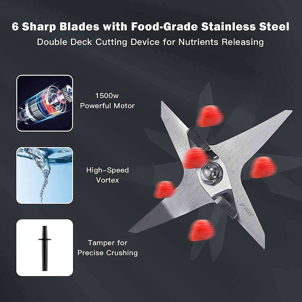6 Sharp Blades with Food-Grade Stainless Steel Double Deck Cutting Device for Nutrients Releasing 1500w Powerful Motor High-Speed Vortex Tamper for Precise Crushing