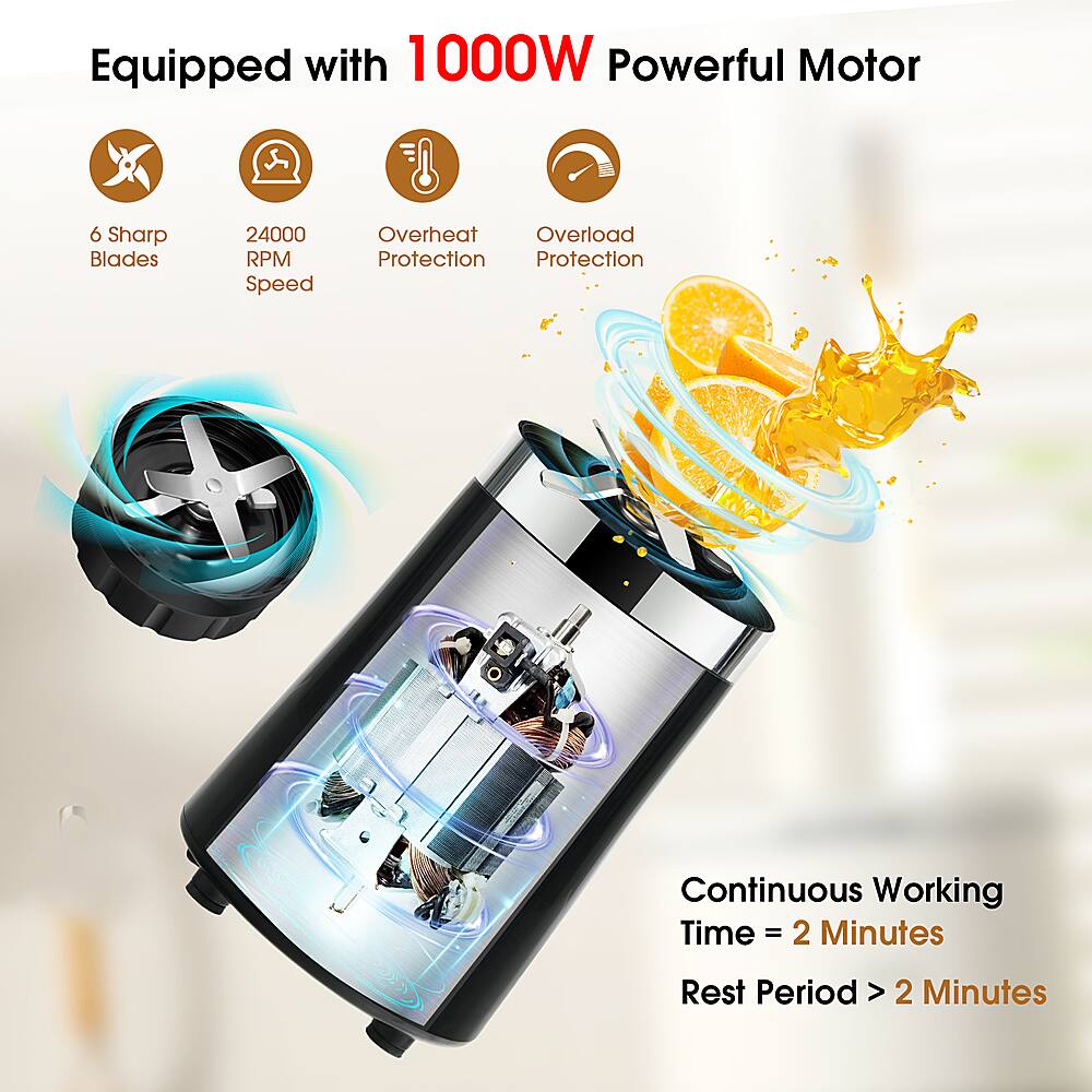 Equipped with a 1000W powerful motor, this product features 6 sharp blades and a 24000 RPM speed. It also includes overheat and overload protection, ensuring safety during use. The continuous working time is 2 minutes, with a rest period of at least 2 minutes.