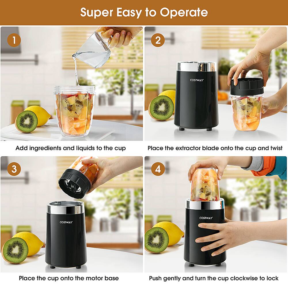 Super Easy to Operate:
1. Add ingredients and liquids to the cup.
2. Place the extractor blade onto the cup and twist.
3. Place the cup onto the motor base.
4. Push gently and turn the cup clockwise to lock.
