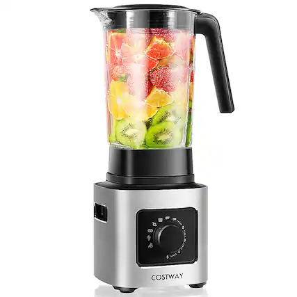 The blender is made by Costway and is filled with a variety of fruits.