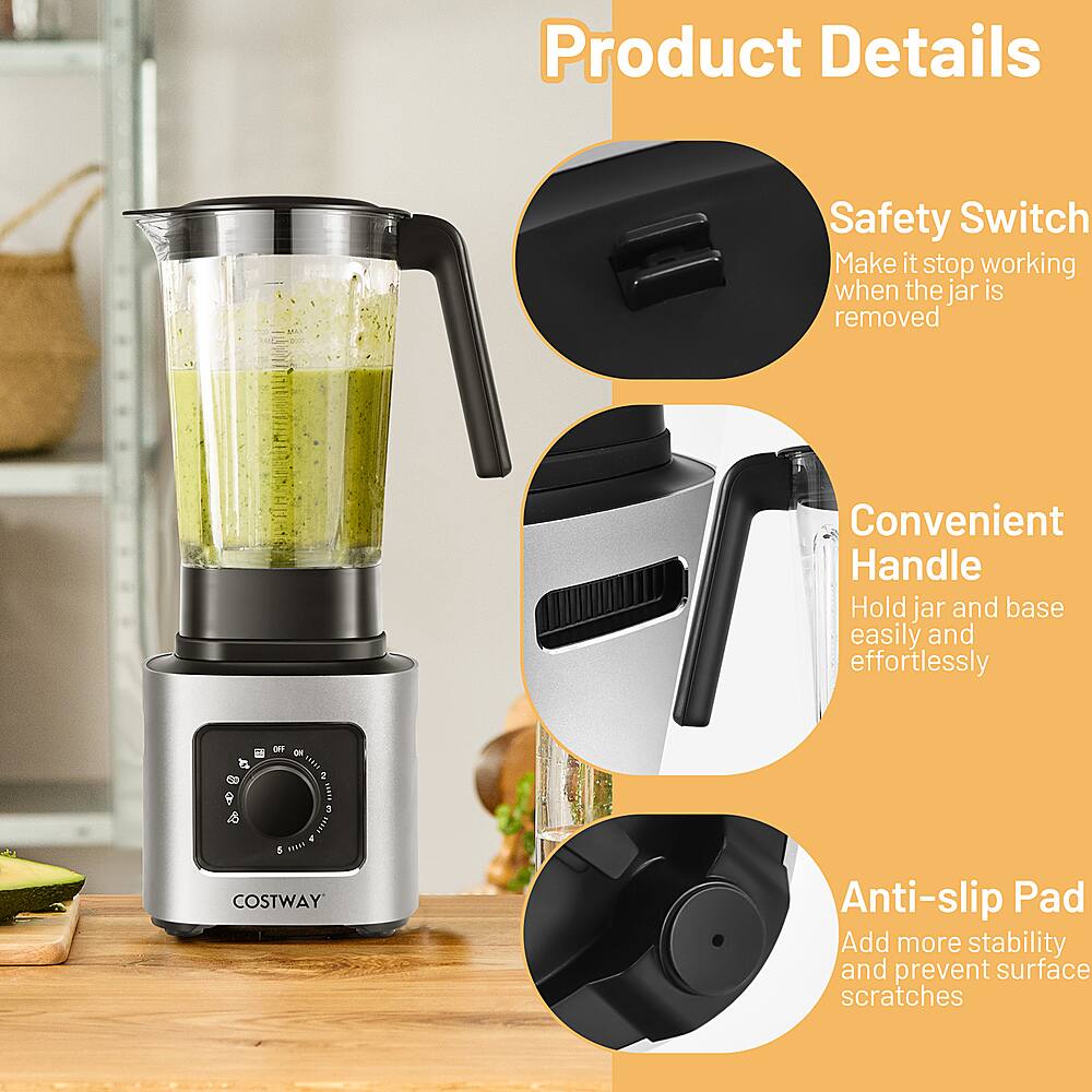Product Details:

1. Safety Switch: Make it stop working when the jar is removed.
2. Convenient Handle: Hold jar and base easily and effortlessly.
3. Anti-slip Pad: Add more stability and prevent surface scratches.
