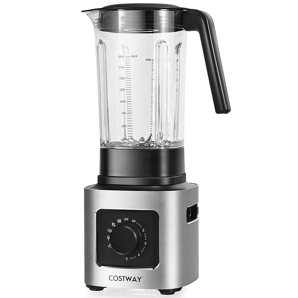 The image features a Costway blender with a silver and black color scheme. The blender has a clear glass container and a black handle. The blender is turned on, and the display shows that it is at 1000 RPM.