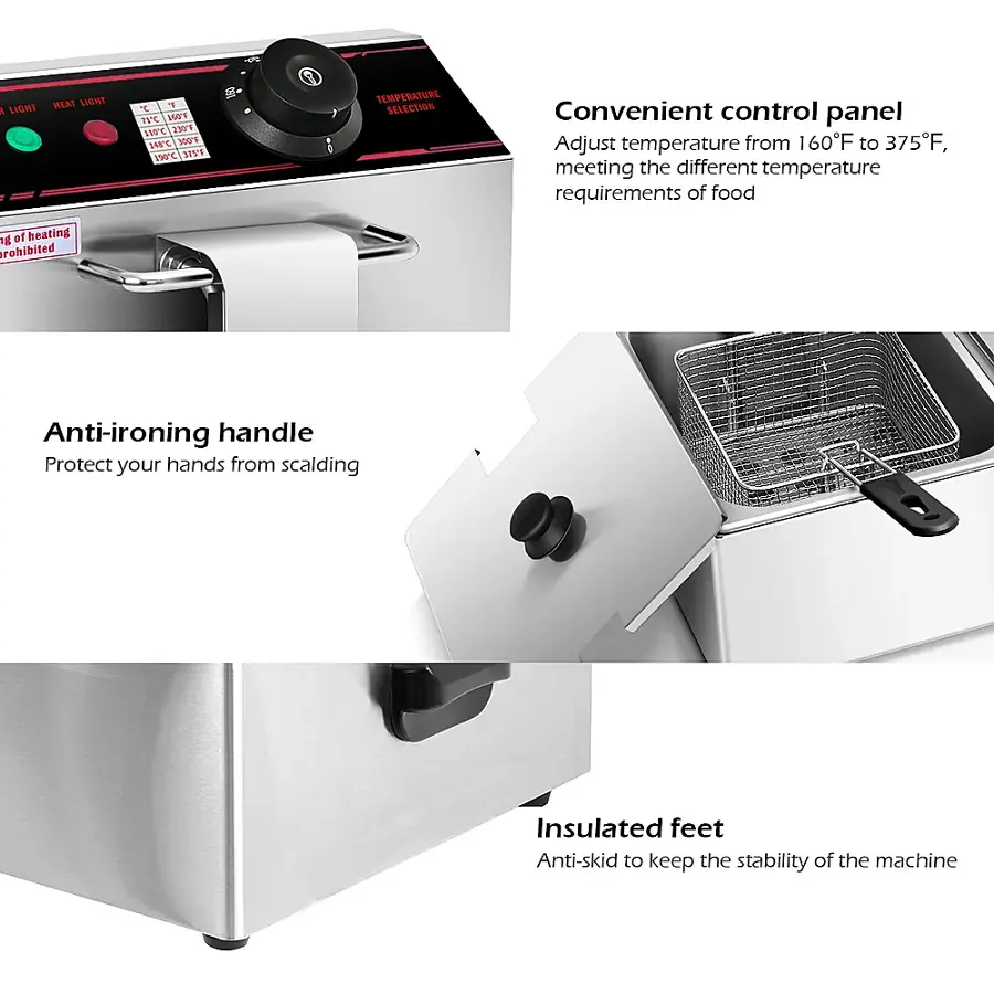 The text on the image is grouped and corrected as follows:

1. Convenient control panel: Adjust temperature from 160F to 375F, meeting the different temperature requirements of food.
2. Anti-ironing handle: Protect your hands from scalding.
3. Insulated feet: Anti-skid to keep the stability of the machine.