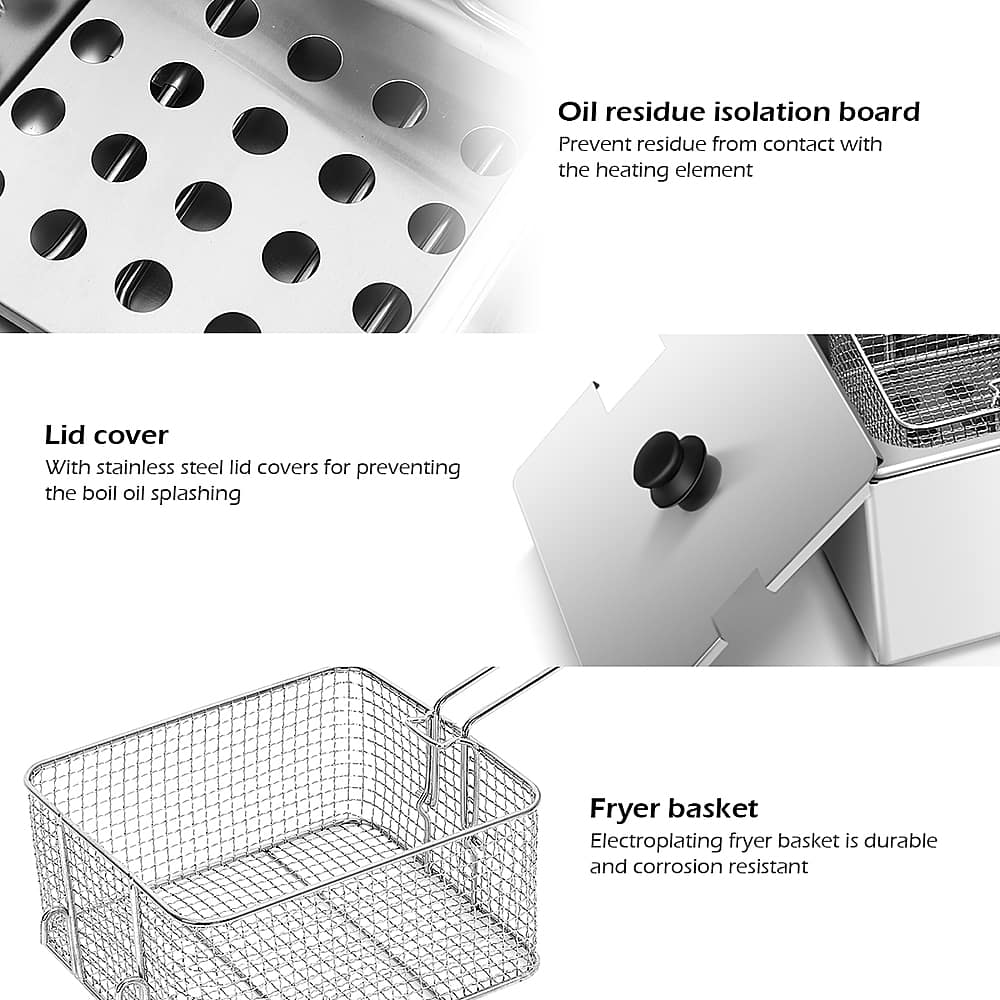 Oil residue isolation board: Prevent residue from contact with the heating element.
Lid cover: With stainless steel lid covers for preventing the boil oil splashing.
Fryer basket: Electroplating fryer basket is durable and corrosion resistant.