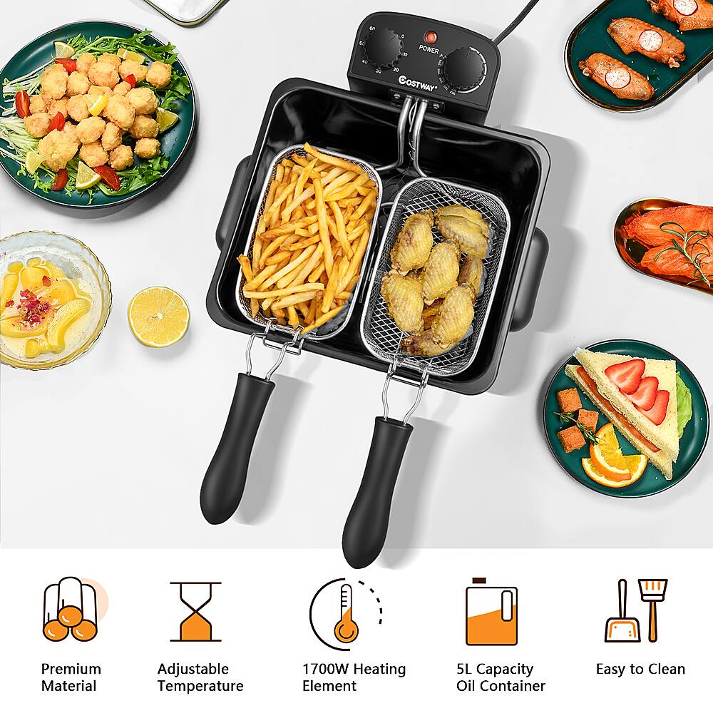 The image features a variety of food items and a fryer. The fryer is placed on a table, and it has a basket of fries inside it. The image also includes a bowl of food, a plate of food, and a cup. There are also two oranges present in the scene. The fryer is described as having a premium material and adjustable temperature, with a 1700W heating element and a 5L capacity oil container. The fryer is also advertised as easy to clean.