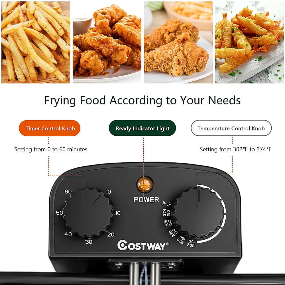 Frying Food According to Your Needs
Timer Control Knob: Setting from 0 to 60 minutes
Ready Indicator Light: Temperature Control Knob
Setting from 302°F to 374°F
Power: 60, 50, 40, 30, 0
F: 10, 374, 190, 356, 180
C: 20, 338, 170, 160, 320
150
