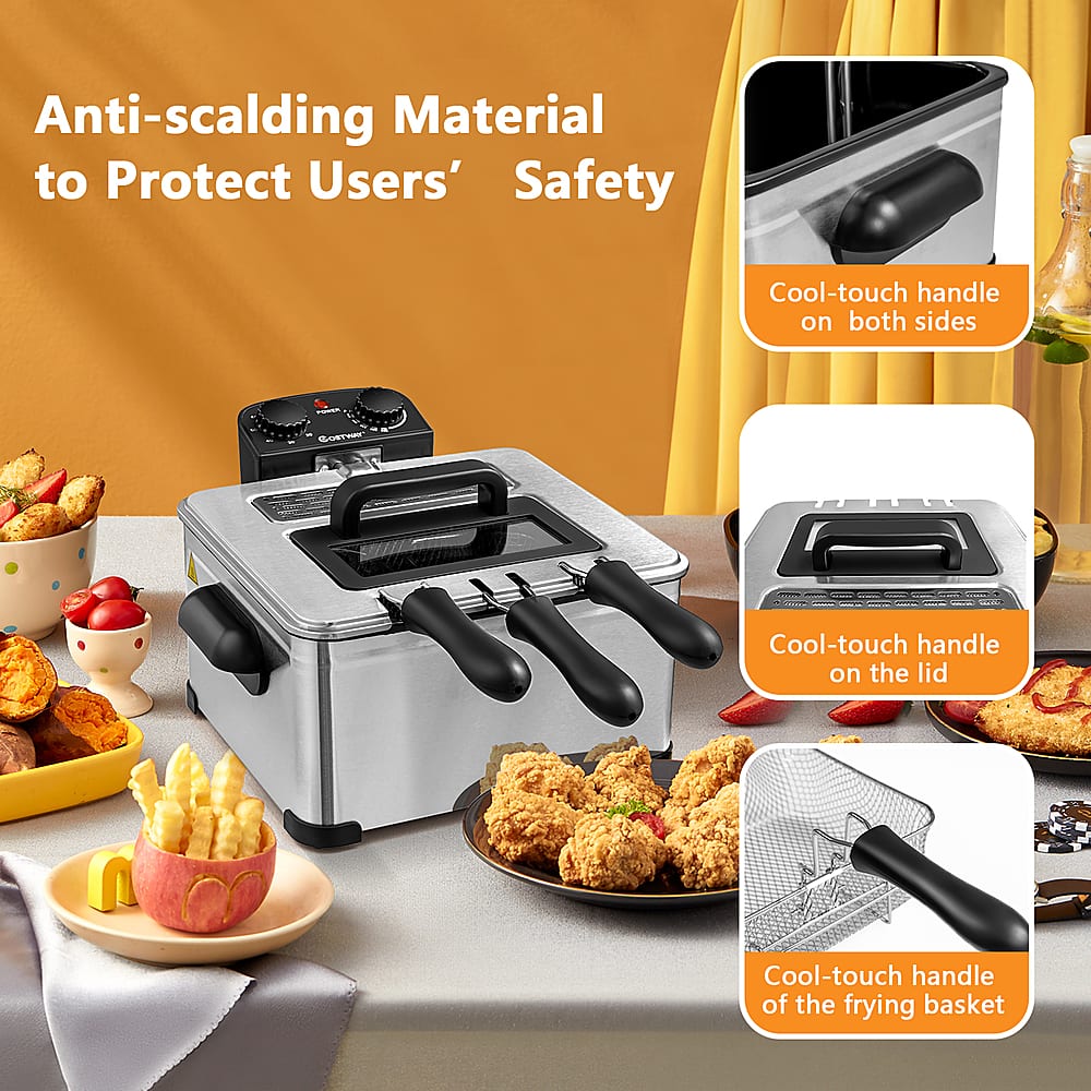 Anti-scalding Material to Protect Users' Safety: Cool-touch handle on both sides - Cool-touch handle on the lid - Cool-touch handle of the frying basket.