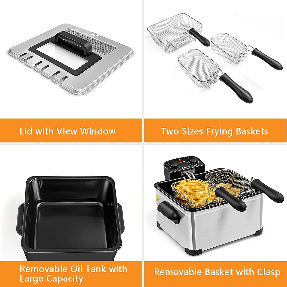 Group:
1. Lid with View Window
2. Two Sizes Frying Baskets
3. Removable Oil Tank with Large Capacity
4. Removable Basket with Clasp