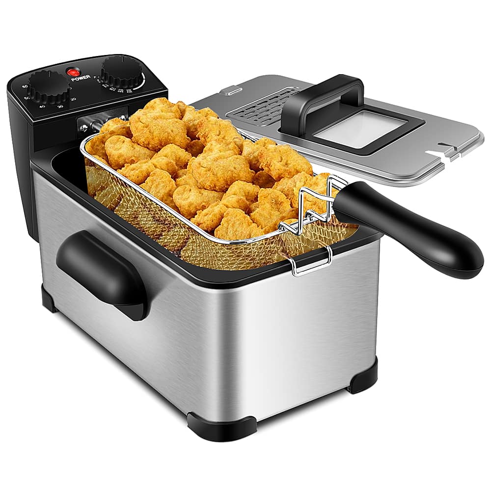 Front. Costway - 3.2 Quart Electric Deep Fryer 1700W Stainless Steel Timer Frying Basket - Black + Silver.