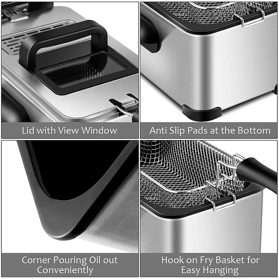 The image shows a series of four different views of a fry basket, which is a kitchen appliance used for cooking food. The views include the lid with a view window, anti-slip pads at the bottom, pouring oil out conveniently, and hooking on a fry basket for easy hanging. The image provides a detailed look at the various features and functions of the fry basket.