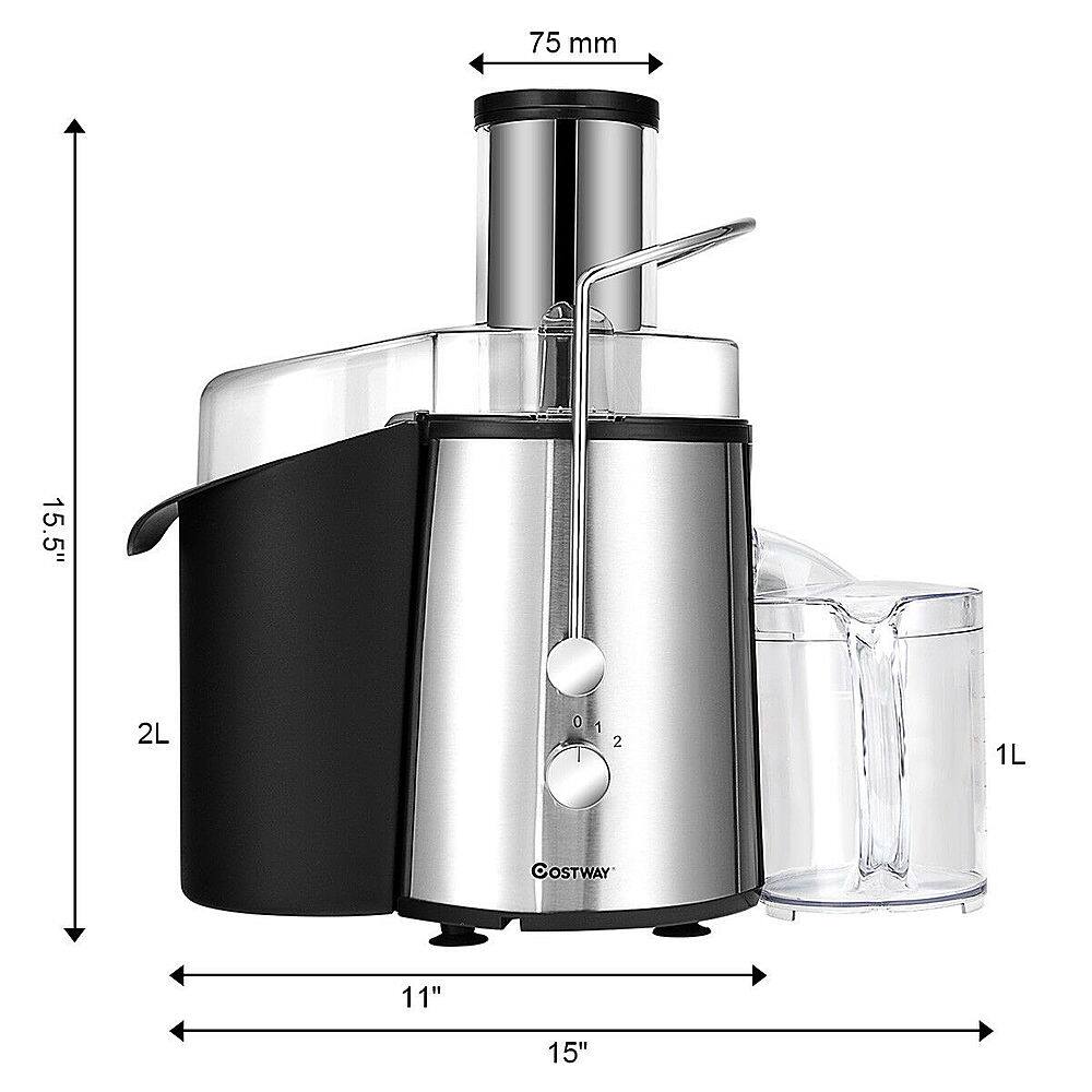 The image features a blender and a measuring cup, with the blender measuring 75 mm and the measuring cup measuring 2 liters. The blender is made by the company Cuisinart, and it has a 15.5" height. The measuring cup is also 15" tall, and it is made by the company Oster.