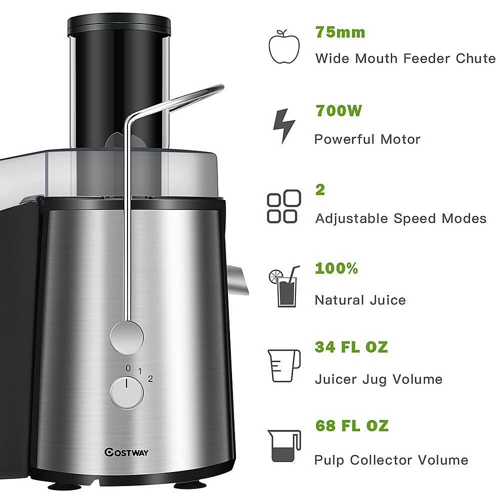 The image features a juicer with a 75mm wide mouth feeder chute, a 700W powerful motor, and two adjustable speed modes. The juicer is designed to produce 100% natural juice, with a juicer jug volume of 34 FLOZ (fluid ounces). The pulp collector volume is 68 FLOZ, and the brand of the juicer is Costway.