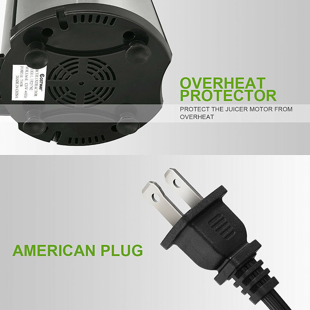 The text on the image reads:
"OVERHEAT PROTECTOR PROTECT THE JUICER MOTOR FROM OVERHEAT AMERICAN PLUG (IIID AOCI FP24782 EXTRACTOR COSTWAY D CHINA V-6lz)".
This text is grouped and corrected as follows:
"OVERHEAT PROTECTOR: PROTECT THE JUICER MOTOR FROM OVERHEAT. AMERICAN PLUG (IIID AOCI FP24782 EXTRACTOR COSTWAY D CHINA V-6lz)".