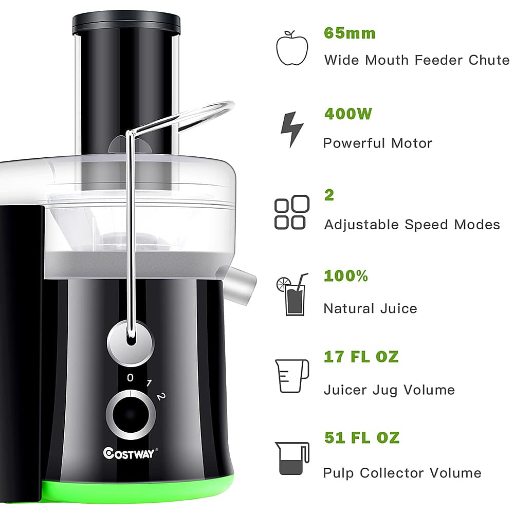 The text on the image is grouped and corrected as follows:
1. 65mm Wide Mouth Feeder Chute
2. 400W Powerful Motor
3. 2 Adjustable Speed Modes
4. 100% Natural Juice
5. 0.012 1 2 17 FLOZ FL oz Juicer Jug Volume
6. OSTWAY 51 FL OZ 51 FL oz Pulp Collector Volume