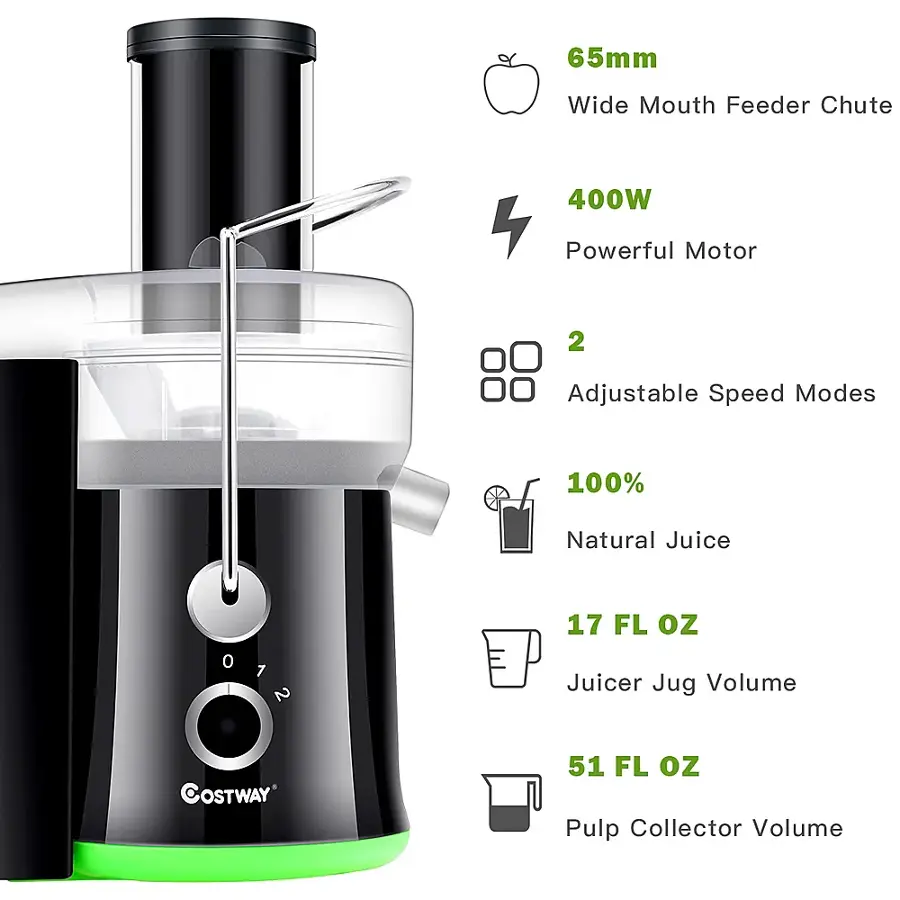 The text on the image is grouped and corrected as follows:

1. 65mm Wide Mouth Feeder Chute
2. 400W Powerful Motor
3. 2 Adjustable Speed Modes
4. 100% Natural Juice
5. 0.012 1 2 17 FLOZ FL oz Juicer Jug Volume
6. OSTWAY 51 FL OZ 51 FL oz Pulp Collector Volume