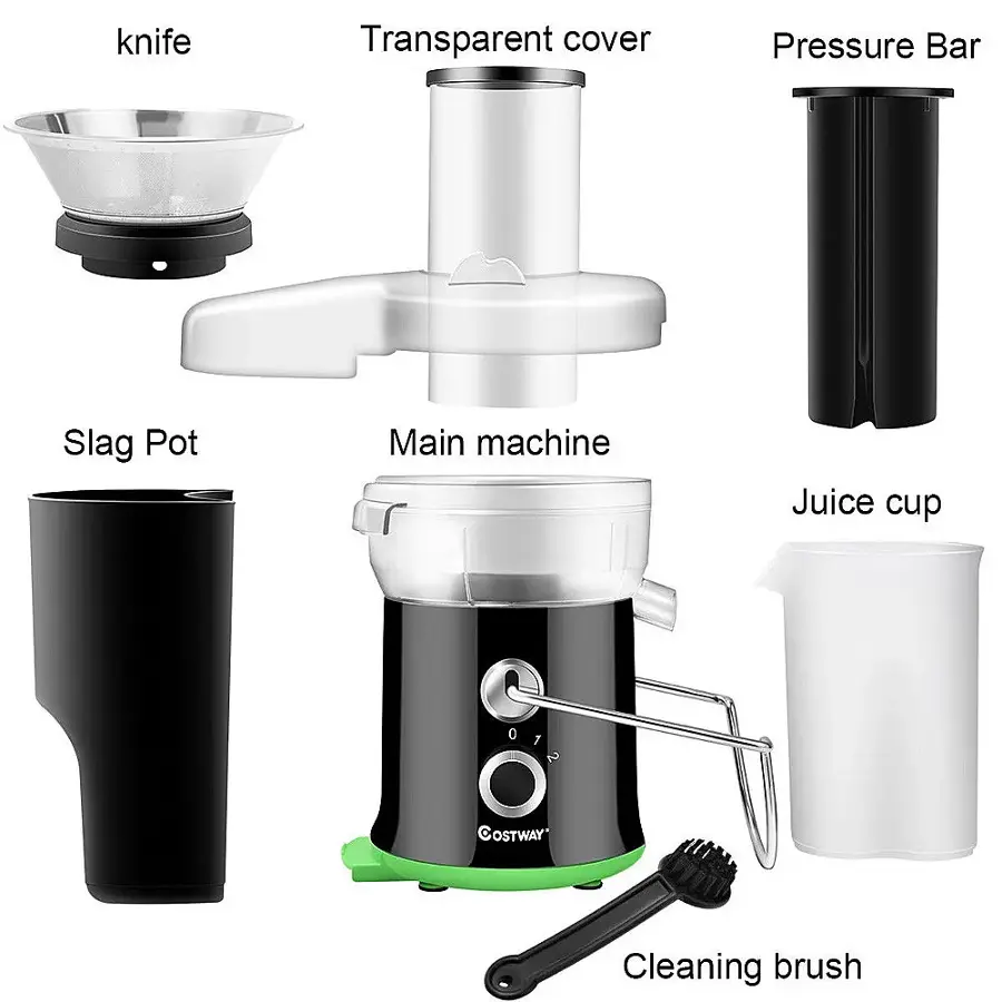 The image shows a collection of kitchen appliances, including a juice cup, a cleaning brush, a pressure bar, a slag pot, a transparent cover, and a knife. The appliances are arranged in a way that showcases their various functions and uses. The juice cup is located on the right side of the image, while the cleaning brush is positioned towards the bottom right corner. The pressure bar is situated in the middle-right area, and the slag pot is located in the top left section. The transparent cover is placed in the top center, and the knife is located on the left side of the image.