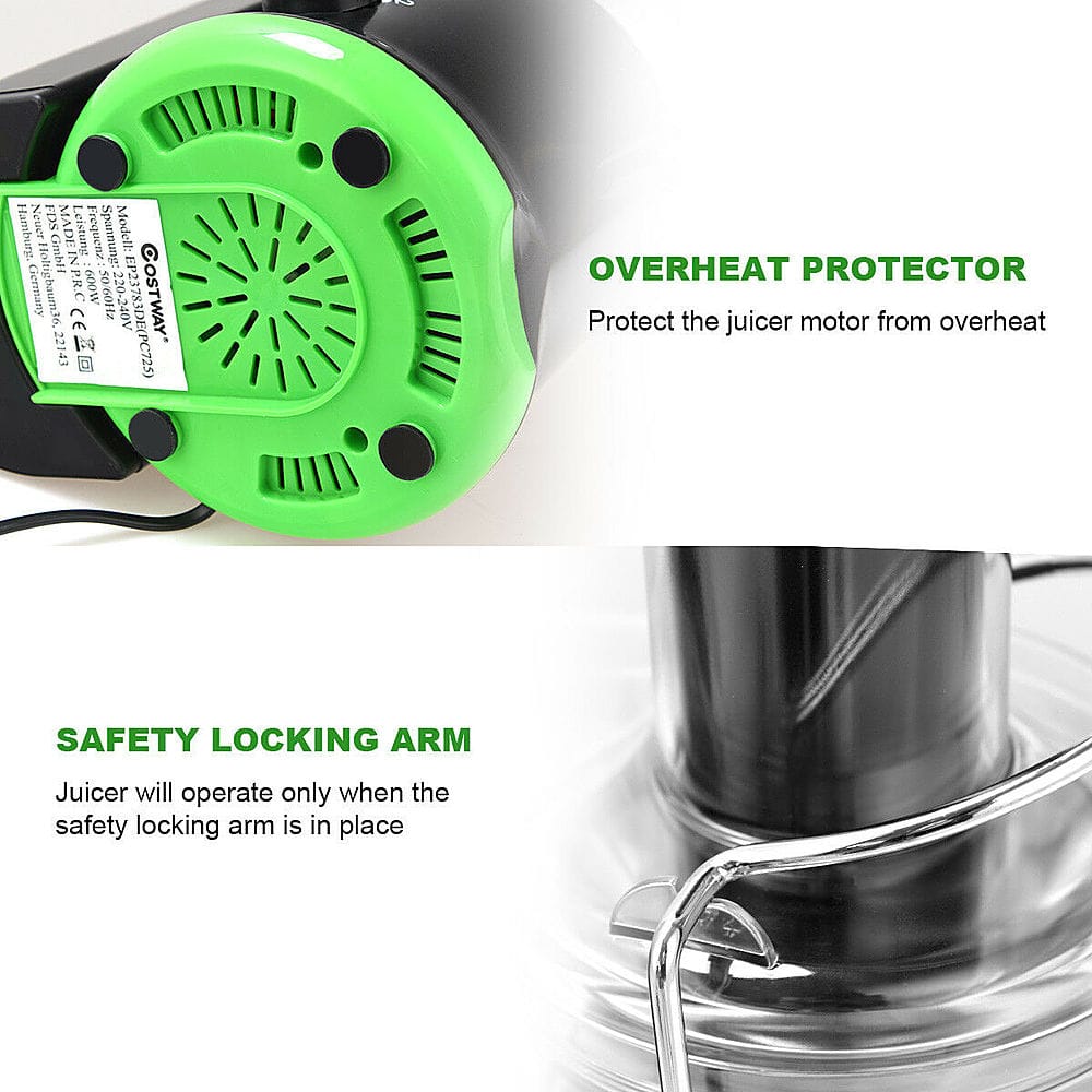 The image features a juicer with a green motor and a safety locking arm. The motor is designed to protect the juicer from overheating, while the safety locking arm ensures that the juicer operates only when the arm is in place. The juicer is made in Germany and has a power rating of 600W, with a frequency of 50-60Hz and a voltage range of 220-240V. The juicer is also CE certified, ensuring its safety and quality.