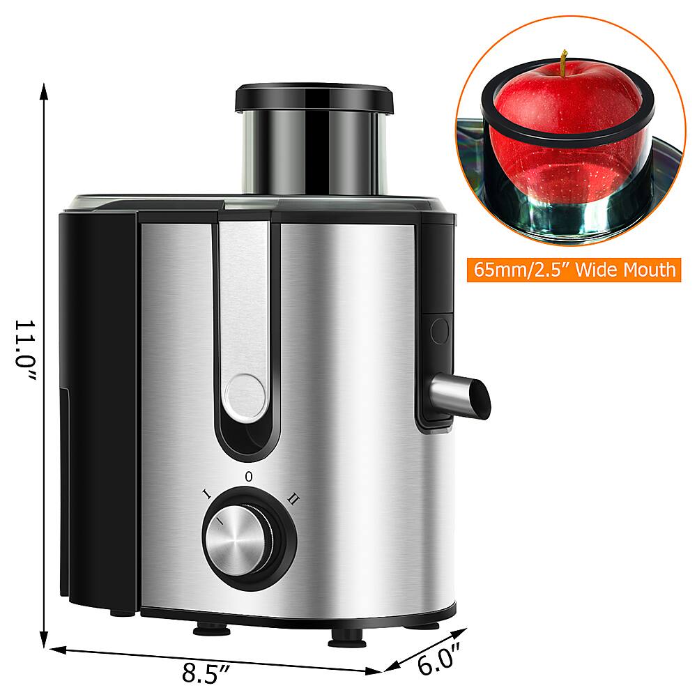 The image features a silver blender with a 65mm/2.5" wide mouth. The blender is shown in two different positions, one with the lid on and the other with the lid off. The blender is also described as having a 6.0" wide mouth.