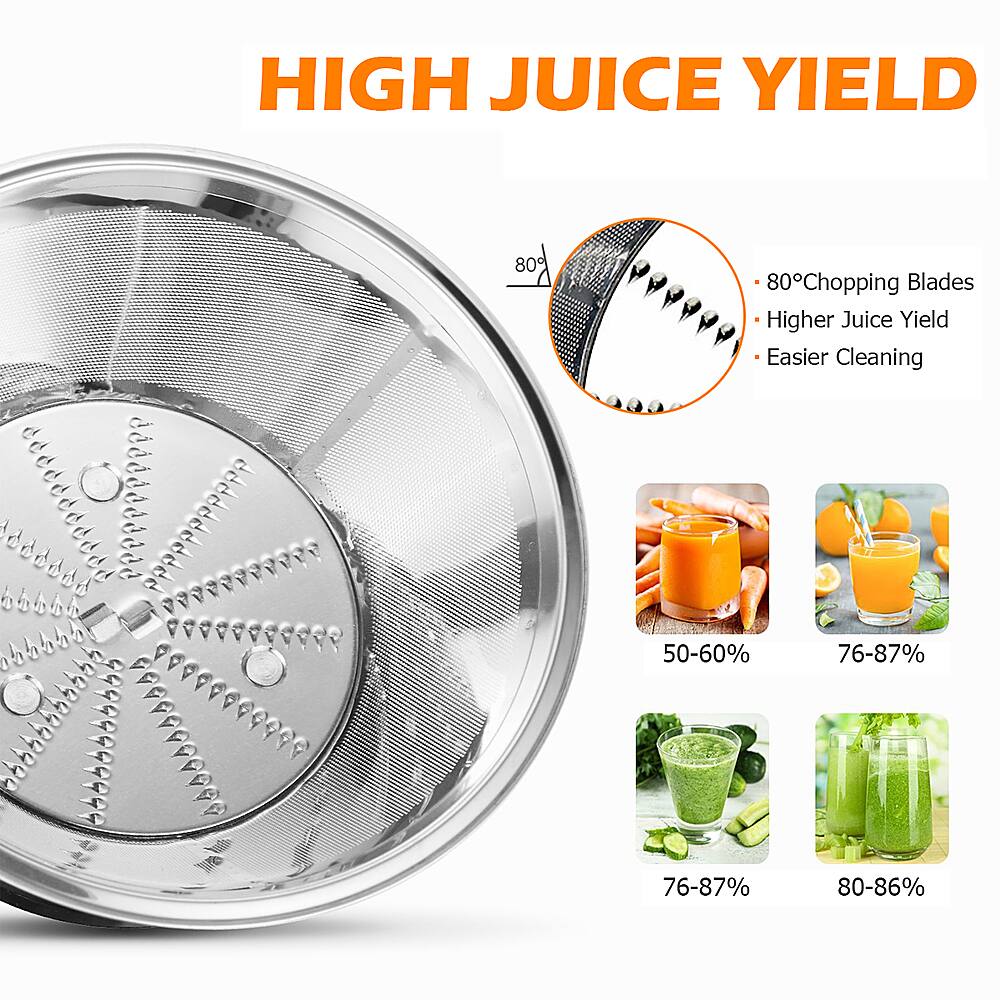 The text on the image is grouped as follows:
1. High Juice Yield: 80 chopping blades, 80% higher juice yield, 80% easier cleaning.
2. 50-60%: 76-87% juice yield, 76-87% easier cleaning.
3. 76-87%: 80-86% juice yield, 80-86% easier cleaning.