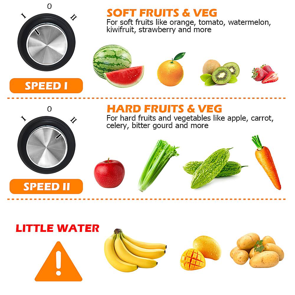 I. Soft Fruits & Veg For soft fruits like orange, tomato, watermelon, kiwifruit, strawberry and more
II. Hard Fruits & Veg For hard fruits and vegetables like apple, carrot, celery, bitter gourd and more
III. Little Water!