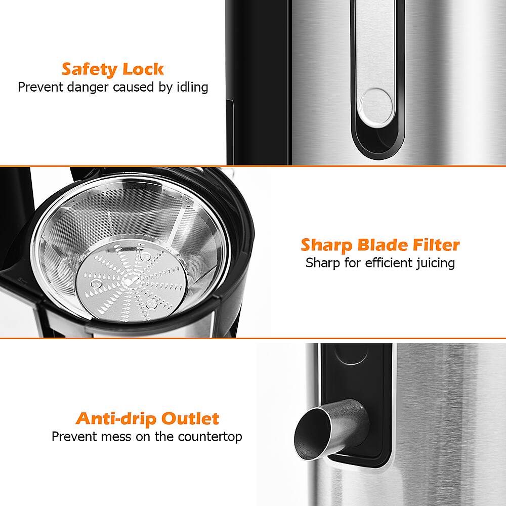 The image features a juicer with three different labels, each providing information about the juicer's features. The labels are:
1. Safety Lock: This feature prevents danger caused by idling, ensuring the juicer is turned off when not in use.
2. Sharp Blade Filter: This component is designed to be sharp for efficient juicing.
3. Anti-drip Outlet: This feature helps prevent mess on the countertop by preventing drips from the juicer.