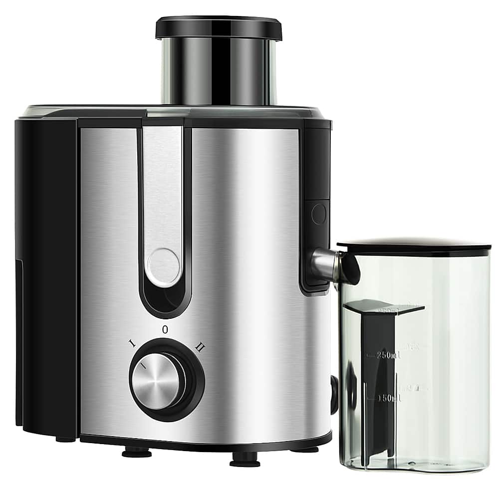 The image shows a silver blender and a glass measuring cup. The blender has a black lid and a silver base. The measuring cup is placed next to the blender, and it is also silver in color. The blender has a 150ml and 250ml setting, which allows for precise measurements of ingredients.