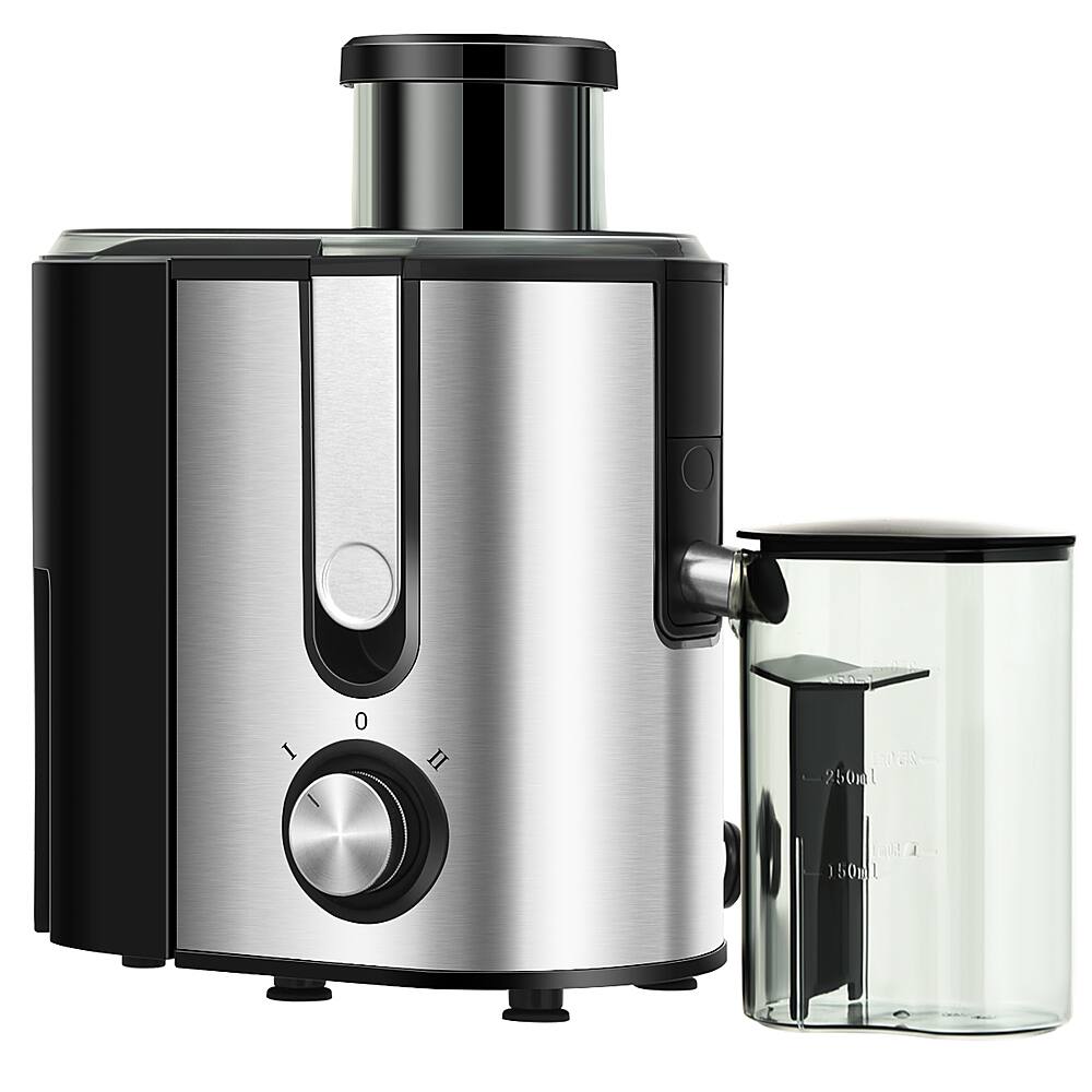 The image shows a silver blender and a glass measuring cup. The blender has a black lid and a silver base. The measuring cup is placed next to the blender, and it is also silver in color. The blender has a 150ml and 250ml setting, which allows for precise measurements of ingredients.