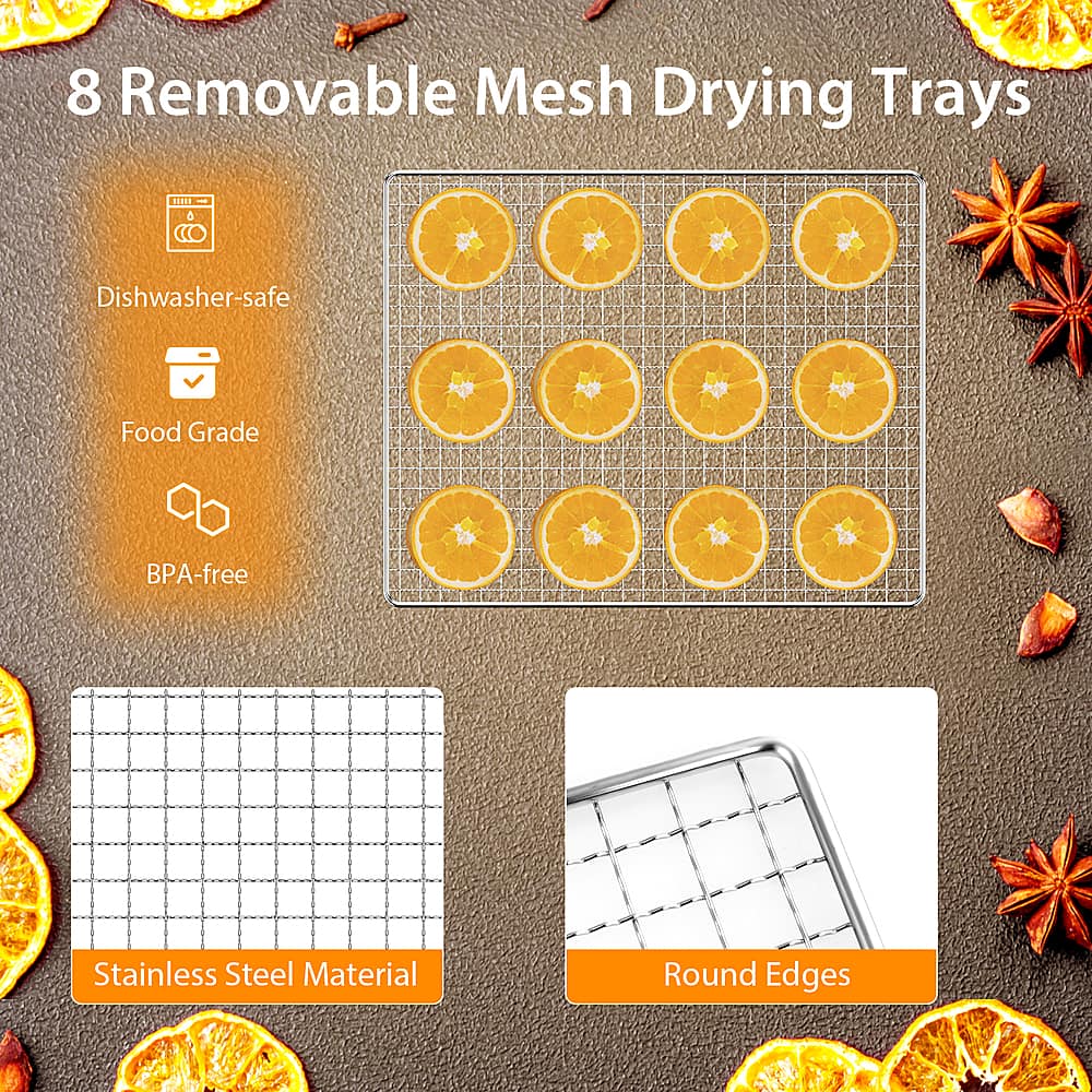 8 Removable Mesh Drying Trays - Dishwasher-safe, Food Grade, BPA-free, Stainless Steel Material, Round Edges.