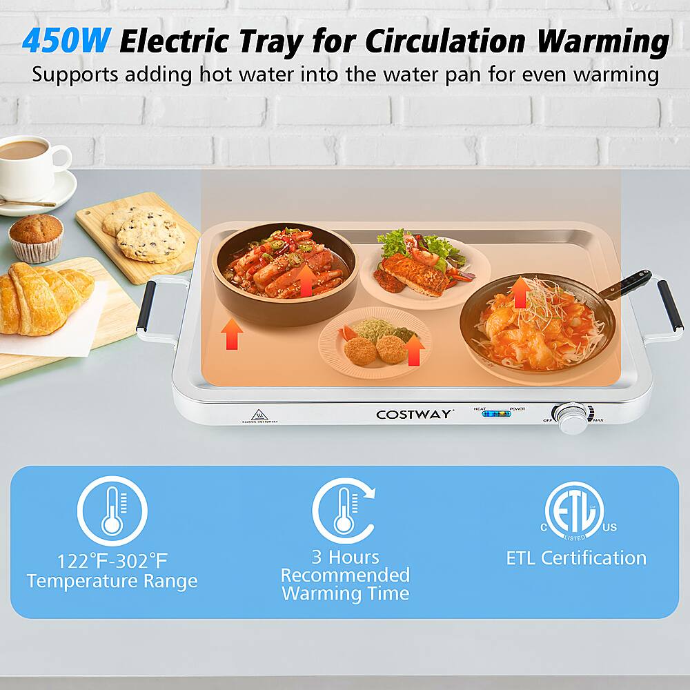 The text on the image reads: "450W Electric Tray for Circulation Warming Supports adding hot water into the water pan for even warming. COSTWAY: 122F-302F Temperature Range C 3 Hours Recommended Warming Time C ETL US ASTED ETL Certification."
