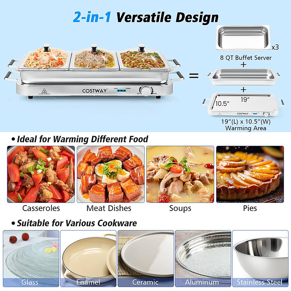 2-in-1 Versatile Design x3 8 QT Buffet Server + 19" 10.5" Warming Area = Ideal for Warming Different Food Casseroles Meat Dishes Suitable for Various Cookware Soups Pies Glass Enamel Ceramic Aluminum Stainless Steel