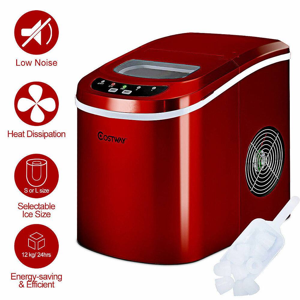 The text on the image is grouped as follows:

1. Low Noise
2. CR RXT
3. Heat Dissipation
4. COSTWAY
5. S or L size
6. Selectable Ice Size
7. 12 kg/ 24hrs
8. Energy-saving & Efficient