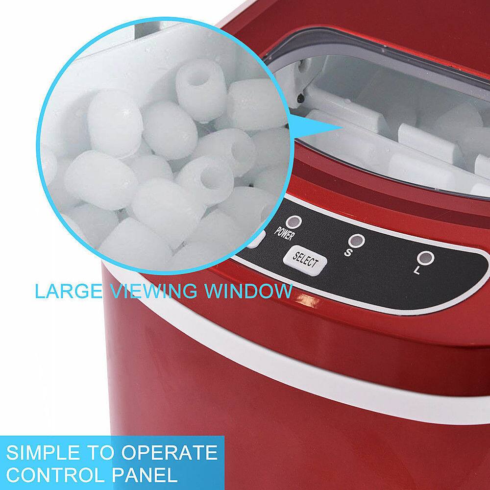 The image features a red appliance with a control panel that has a large viewing window. The appliance is simple to operate, and it has a power select feature.