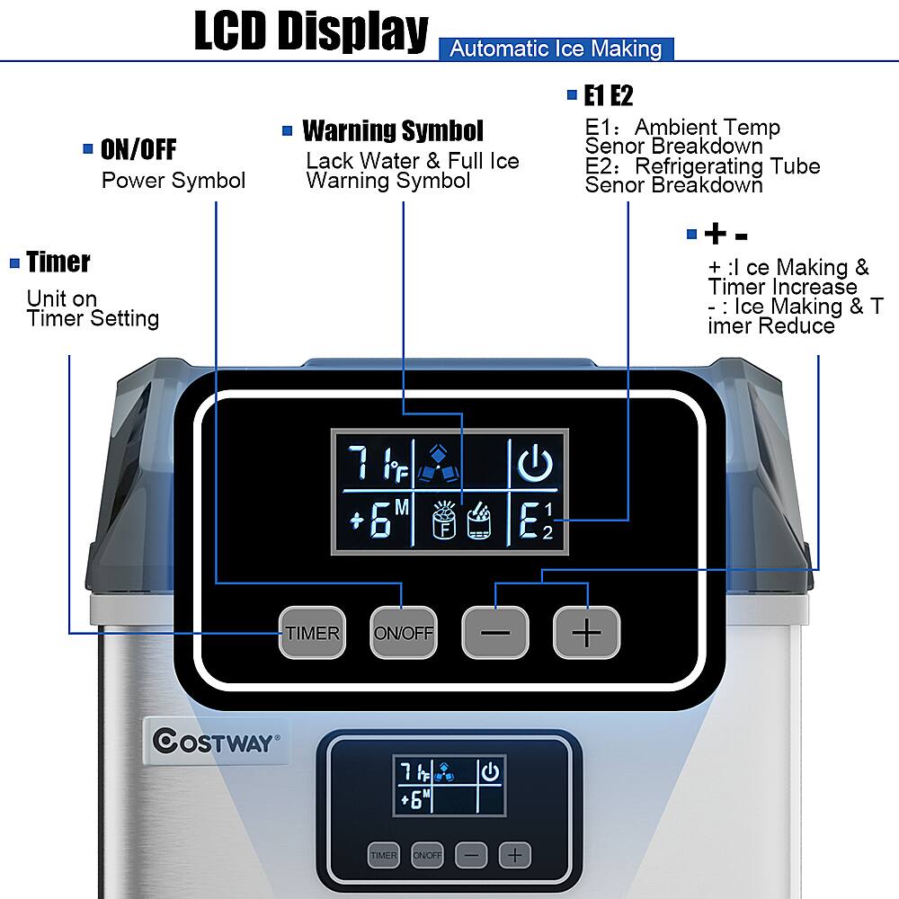 LCD Display Automatic Ice Making E1 E1E2 Warning Symbol E1: Ambient Temp ON/OFF Senor Breakdown Lack Water & Full Ice E2: Refrigerating Tube Power Symbol Warning Symbol Senor Breakdown Timer Unit on Timer Setting +- +:1 + :I ce Making & Timer Increase - : Ice : Making & T imer Reduce 7 iF M  6 1 2 TIMER ON/OFF + COSTWAY 7 h 6" G TIMER ONOFF