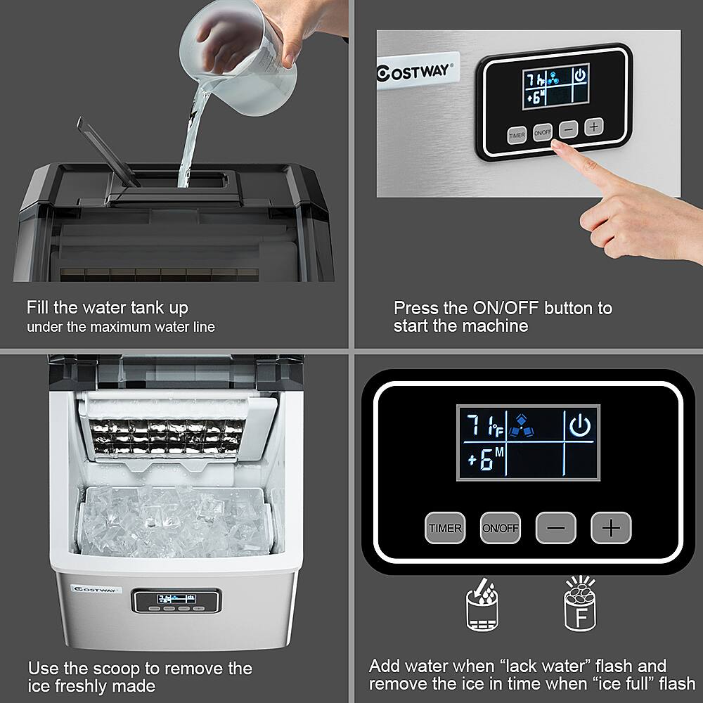 The text on the image is already grouped and correctly written. It provides instructions for using a Costway ice maker machine.