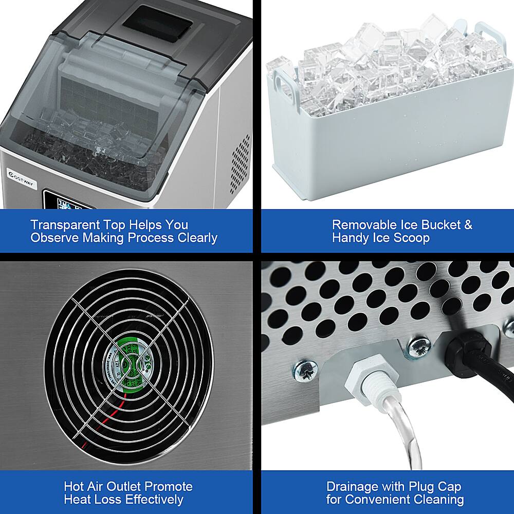 The image features a four-way split with various appliances and their descriptions. The first appliance is a transparent top ice maker, which helps users observe the making process clearly. The second appliance is a removable ice bucket and handy ice scoop, which is convenient for serving ice. The third appliance is a hot air outlet that promotes heat loss effectively. Finally, the fourth appliance is a drainage system with a plug cap for convenient cleaning.