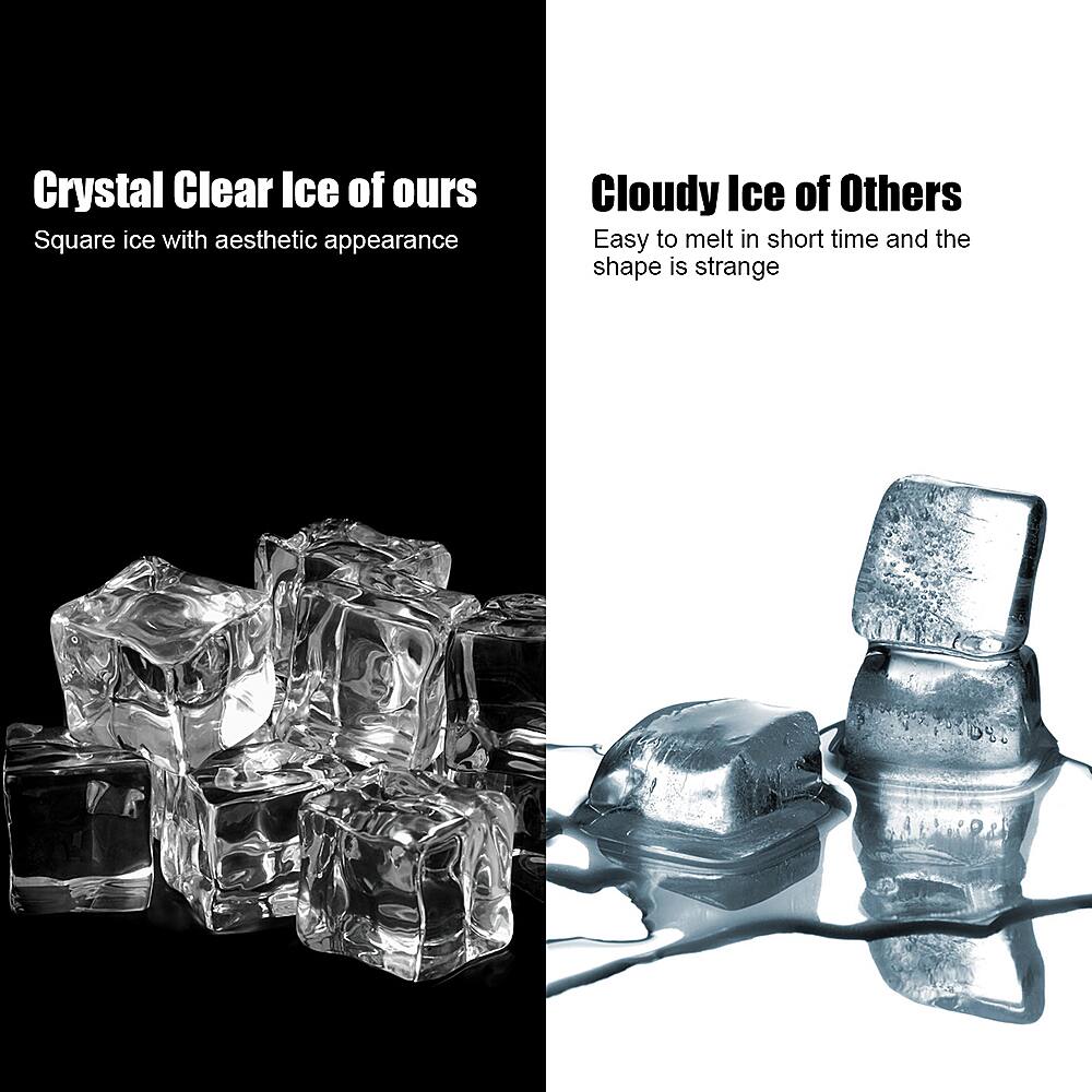 Crystal Clear Ice of ours: Square ice with aesthetic appearance.
Cloudy Ice of Others: Easy to melt in short time and the shape is strange.