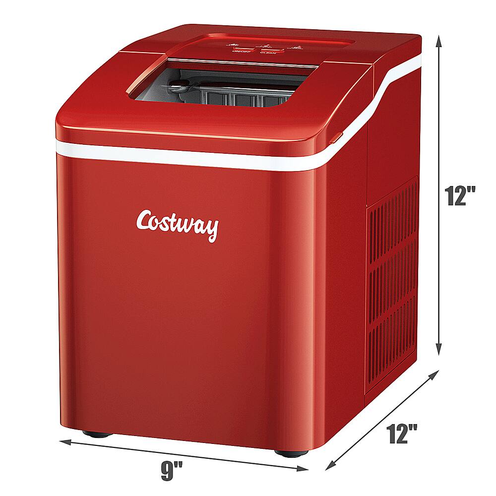 The text on the image reads "Costway 12" 9" 12"." This is a description of the dimensions of the red appliance. The dimensions are 12 inches in height, 9 inches in width, and 12 inches in depth.