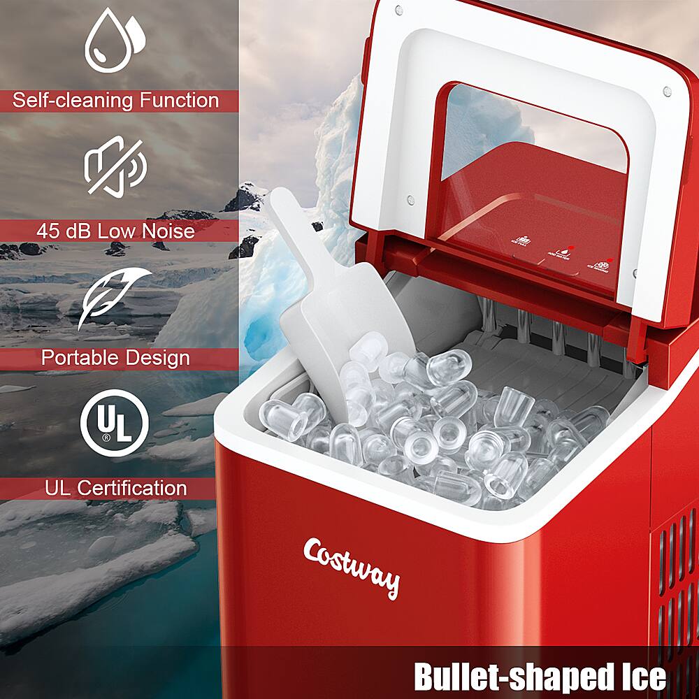The text on the image reads:

"Self-cleaning Function 45 dB Low Noise aide   % Portable Design UL UL Certification Costway Bullet-shaped Ice."

The corrected text would be:

"Self-cleaning function, 45 dB low noise aid, % portable design, UL certification, Costway bullet-shaped ice."