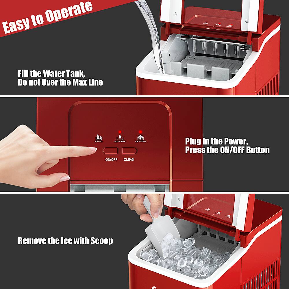 To Operate Easy:
1. Fill the water tank, do not over the max line.
2. Plug in the power, press the ON/OFF button.
3. Remove the ice with a scoop.