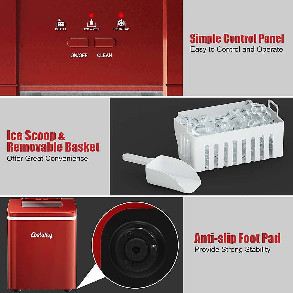 The text on the image is grouped and corrected as follows:
1. Ice Full & Water Ice Making: On/Off Clean Simple Control Panel Easy to Control and Operate
2. Ice Scoop & Removable Basket: Offer Great Convenience
3. Costway Anti-slip Foot Pad: Provide Strong Stability