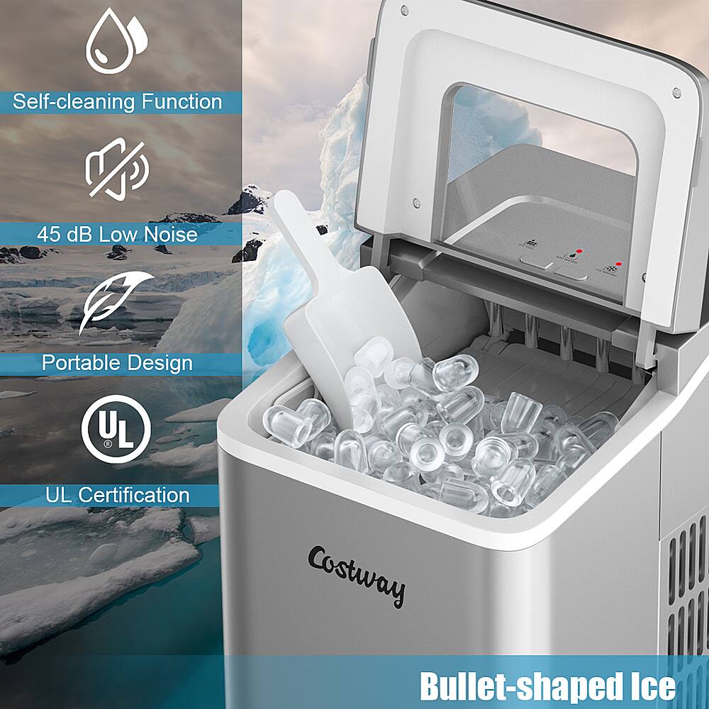The text on the image is grouped as follows:
1. Self-cleaning Function
2. 45 dB Low Noise
3. Portable Design
4. UL Certification
5. Costway Bullet-shaped Ice