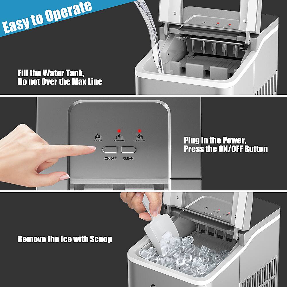 To Operate Easy:
1. Fill the water tank, do not over the max line.
2. Flip the switch to clean.
3. Plug in the power, press the ON/OFF button.
4. Remove the ice with a scoop.