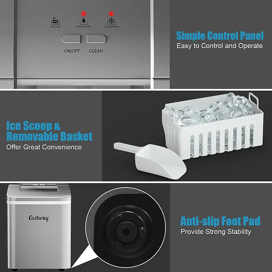 The text on the image can be grouped and corrected as follows:

1. Ice Full Add Water: This is a feature that allows users to add water to the ice maker to make more ice.
2. On/Off Clean: This is a button that allows users to turn the ice maker on or off for cleaning purposes.
3. Simple Control Panel: This is a feature that provides an easy-to-use control panel for operating the ice maker.
4. Ice Scoop & Removable Basket: This is a feature that offers great convenience for users, as it allows them to easily scoop and remove ice from the basket.
5. Costway Anti-slip Foot Pad: This is a feature that provides strong stability for the ice maker, preventing it from slipping on the floor.