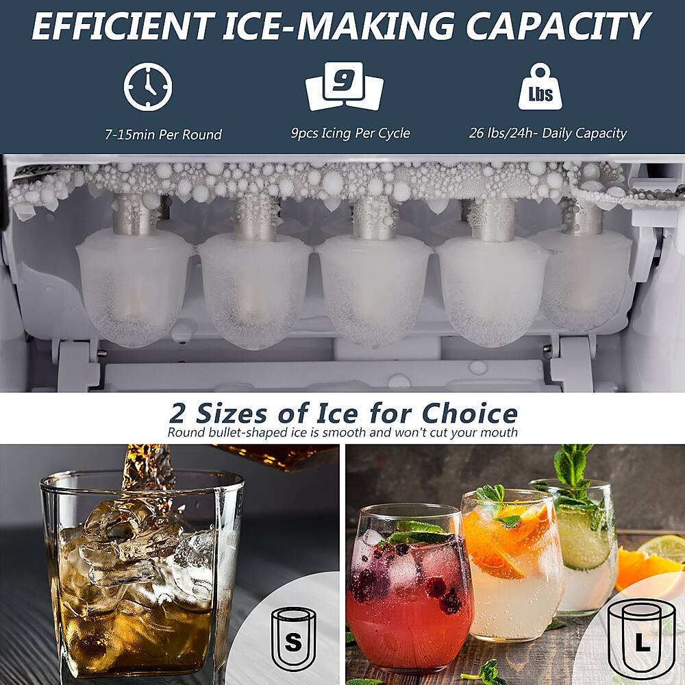 Efficient Ice-Making Capacity: 9 lbs, 7-15 min per round, 9 pcs icing per cycle, 26 lbs/24h daily capacity. 2 Sizes of Ice for Choice: Round bullet-shaped ice is smooth and won't cut your mouth.