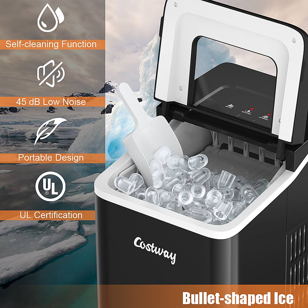 The text on the image is grouped and corrected as follows:

1. Self-cleaning Function
2. 45 dB Low Noise
3. Portable Design
4. UL Certification
5. Costway Bullet-shaped Ice