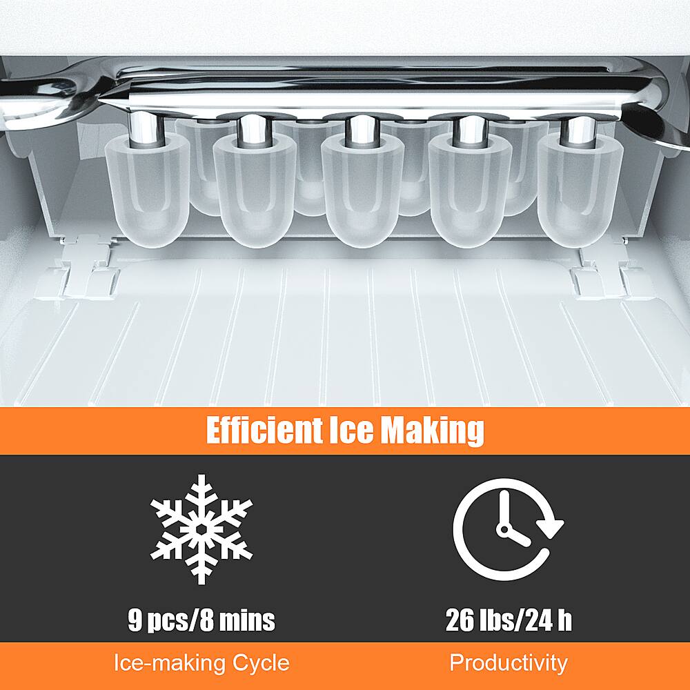 Efficient Ice Making: 9 pcs/8 mins Ice-making Cycle: 26 lbs/24 h Productivity